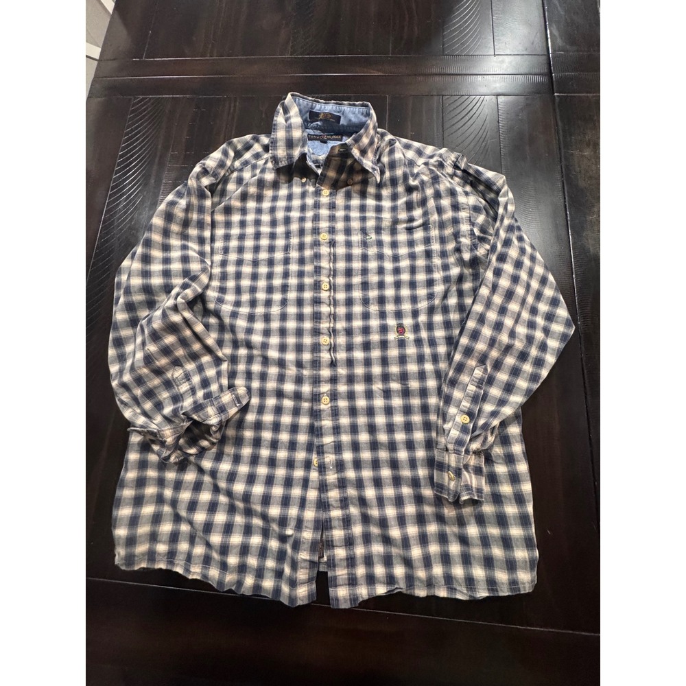 Tommy Hilfiger Mens Blue Cream Plaid Button Down Crest Logo Shirt Medium